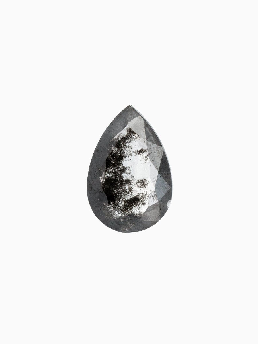 face view of loose lab-grown pear salt pepper diamond gemstone, sustainable and conflict-free