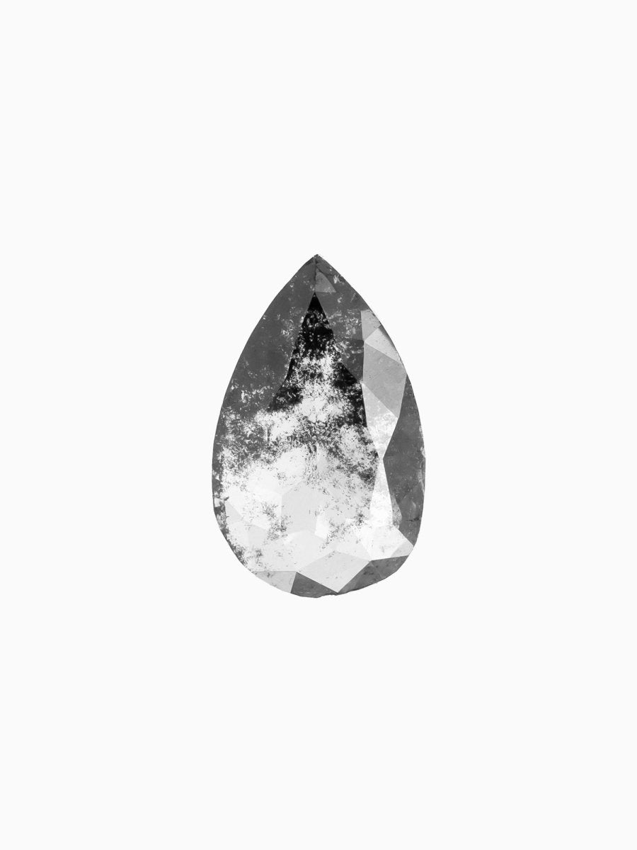 face view of loose lab-grown pear salt pepper diamond gemstone, sustainable and conflict-free