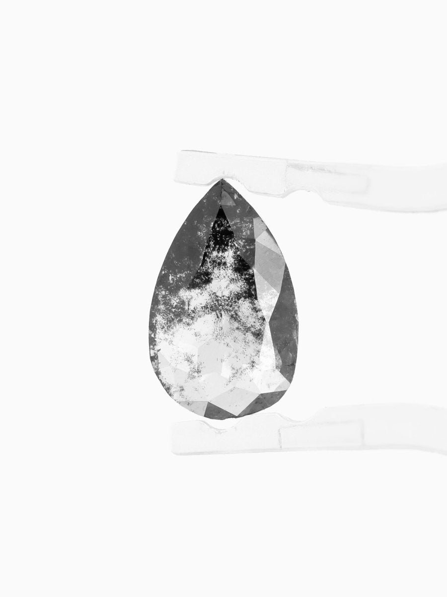 face view of loose lab-grown pear salt pepper diamond gemstone, held by tweezers