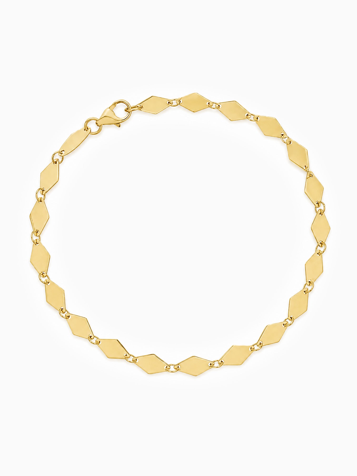 A gold-toned geometric link chain bracelet with flat, elongated kite links and a lobster clasp, displayed on a clean white background.