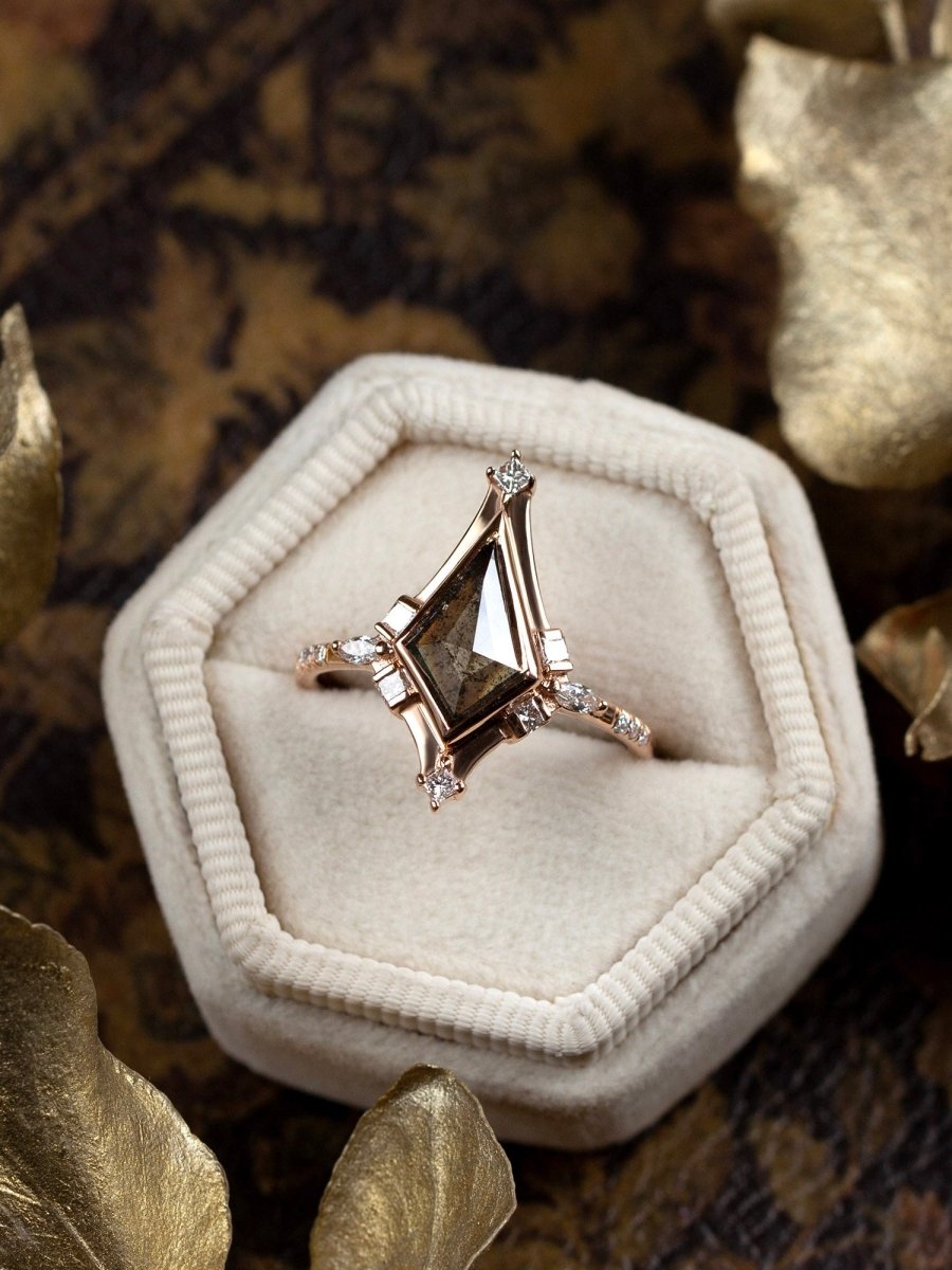 14K Rose gold salt and pepper diamond kite engagement ring modern art deco fine jewerly