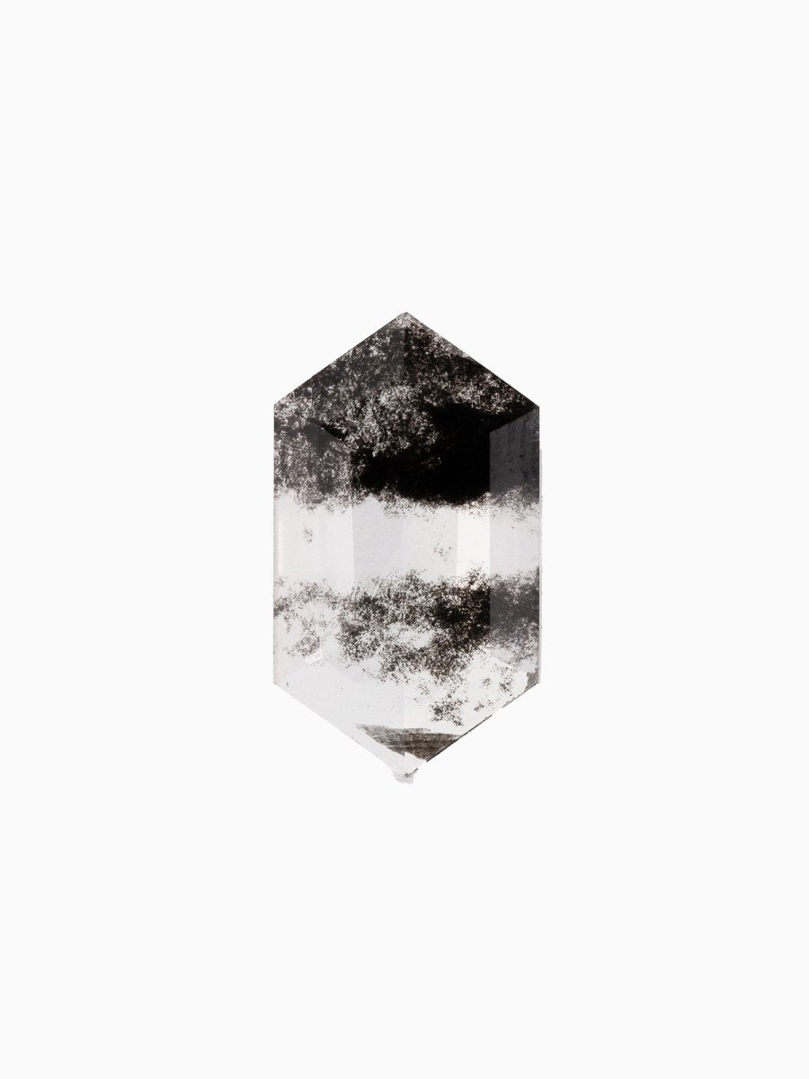 face view of loose lab-grown hexagon salt pepper diamond gemstone, sustainable and conflict-free