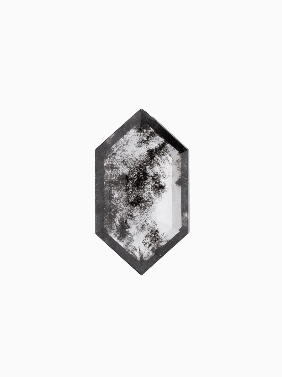face view of loose lab-grown hexagon salt pepper diamond gemstone, sustainable and conflict-free