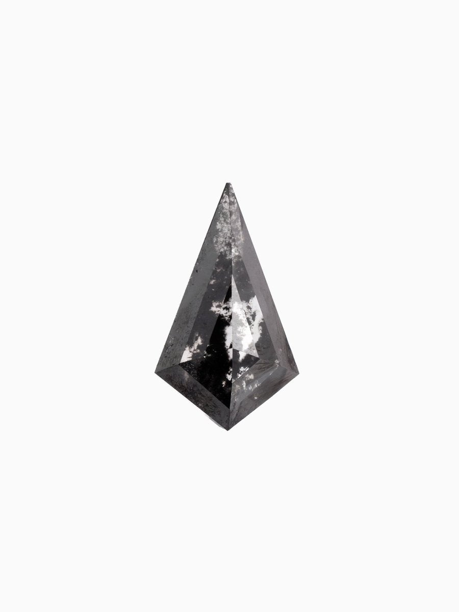 face view of loose lab-grown kite salt pepper diamond gemstone, sustainable and conflict-free