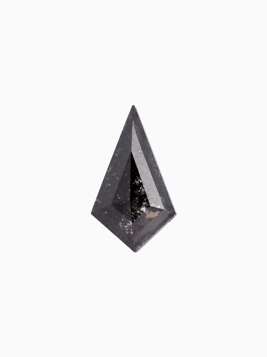 face view of loose lab-grown kite salt pepper diamond gemstone, sustainable and conflict-free