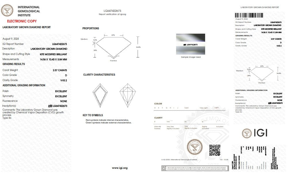 Diamond grading report with IGI logo on a white background