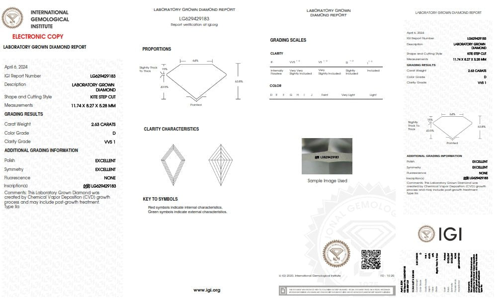 Diamond grading report with IGI logo on a white background