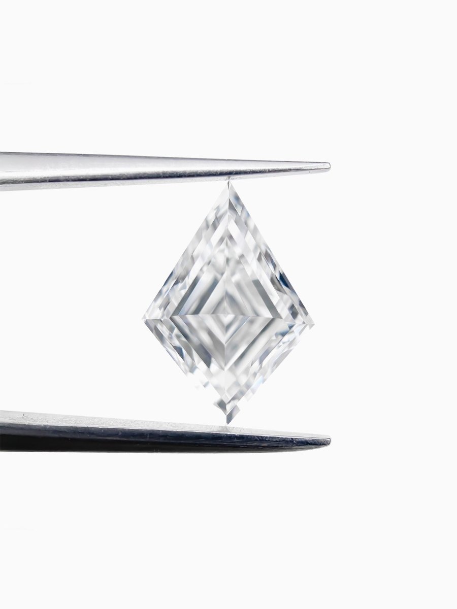 Radiant cut sustainable lab grown kite diamond on a white background held by tweezers