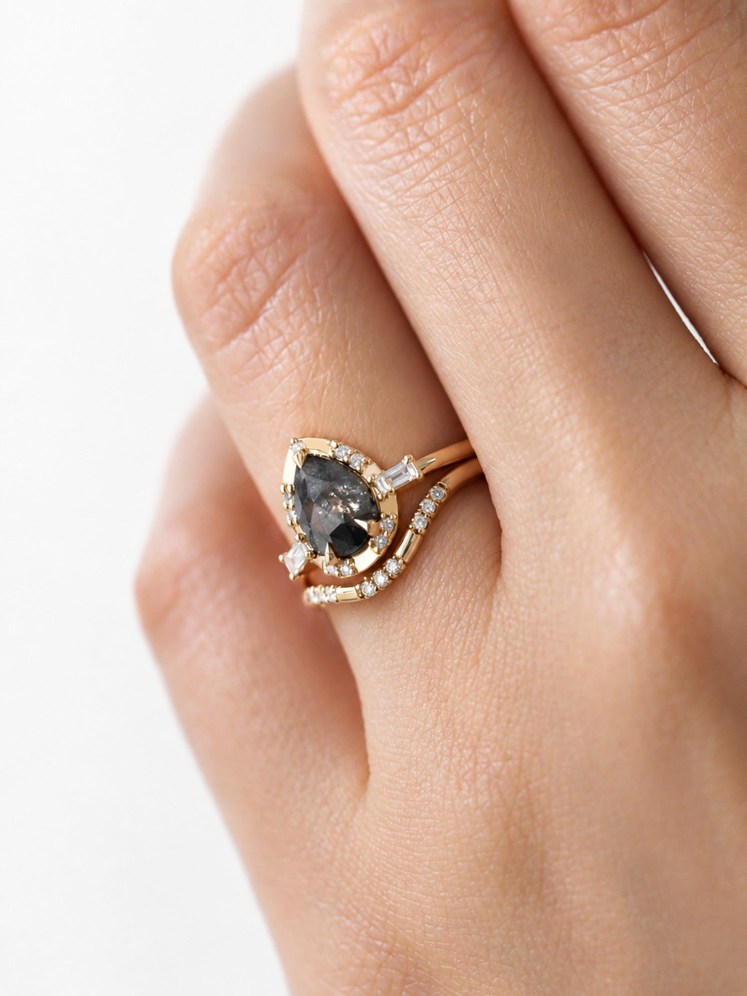 rose cut pear diamond engagement ring wedding ring set diamond fine jewelry