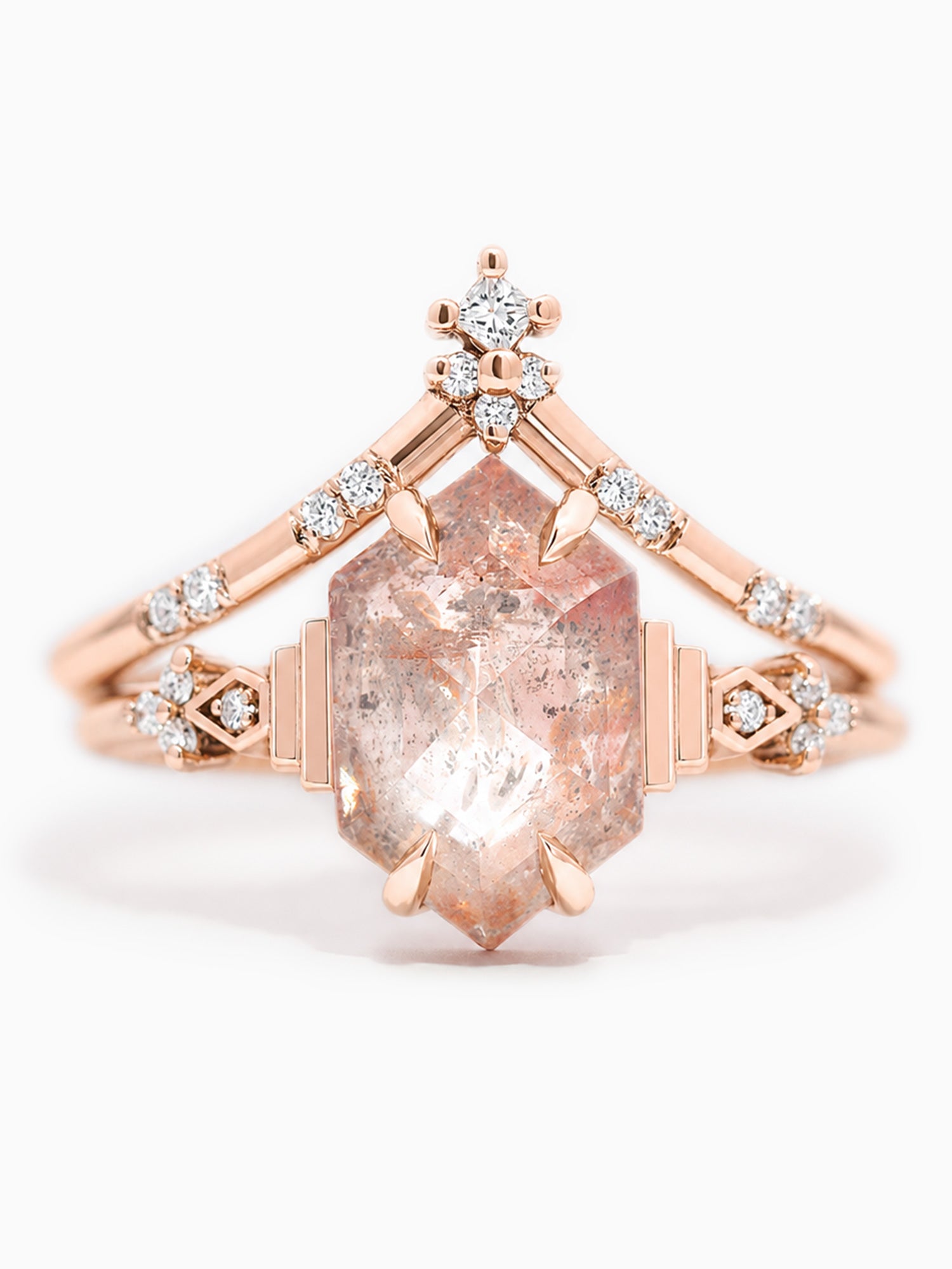 Rose salt and pepper diamond hexagon engagement ring one--of-a-kind wedding ring set diamond jewelry