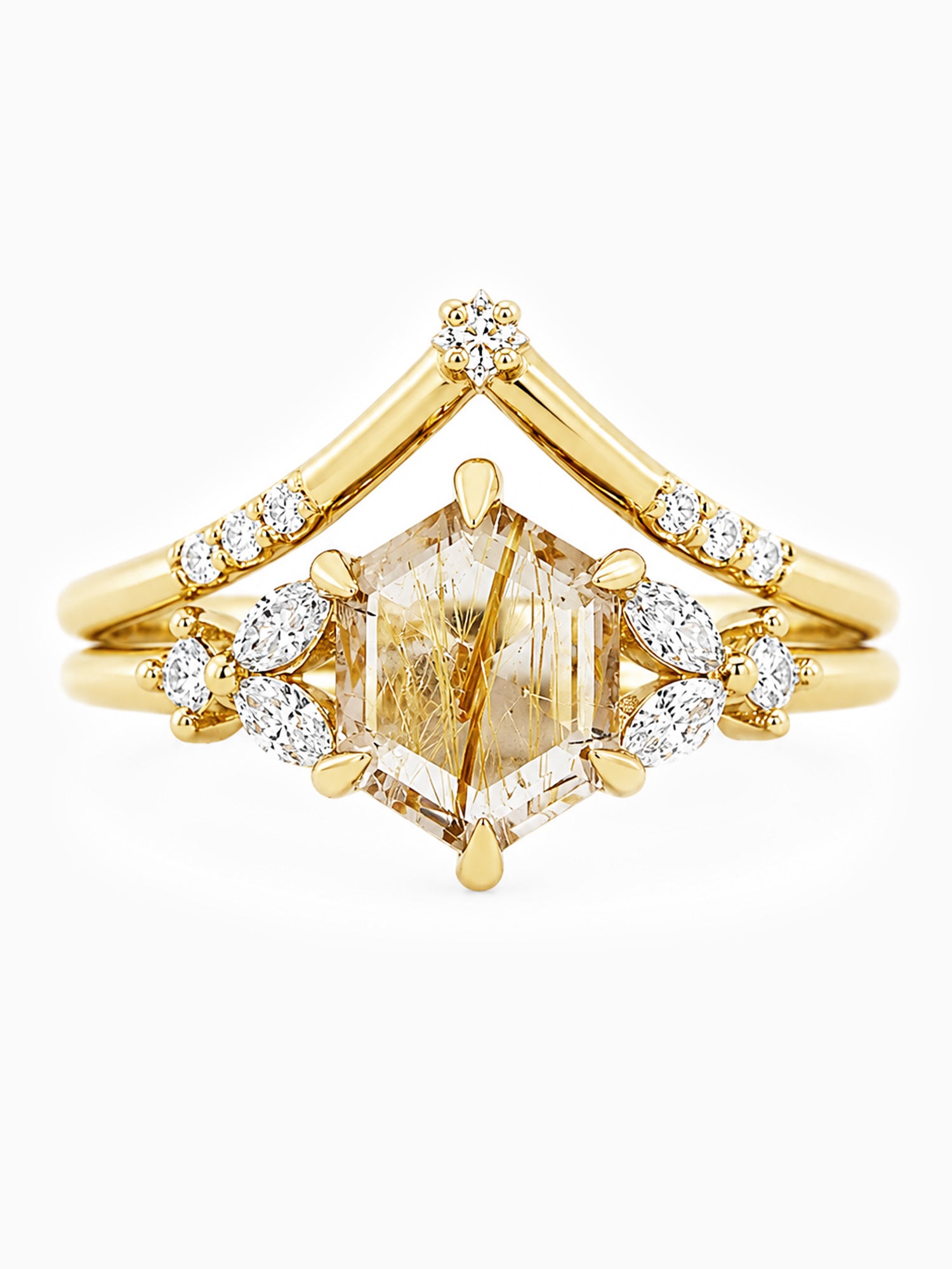 Hexagon Rutilated quartz engagement ring stacking wedding rings diamond bands fine jewelry