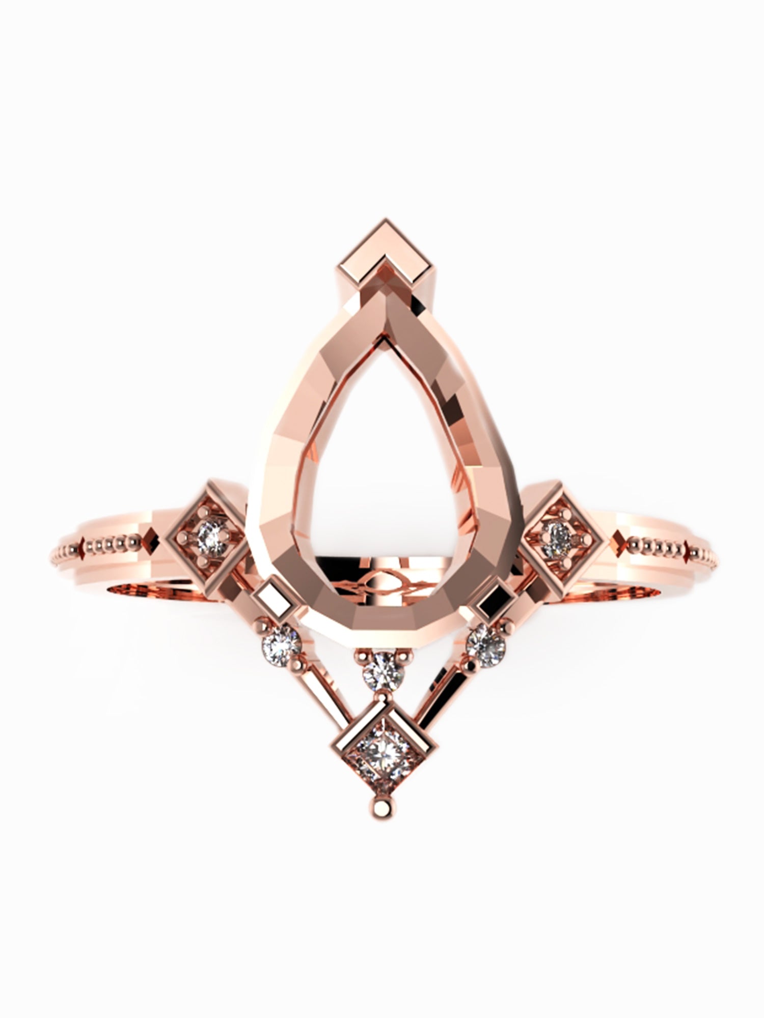 Rose gold ring with diamond accents on a white background
