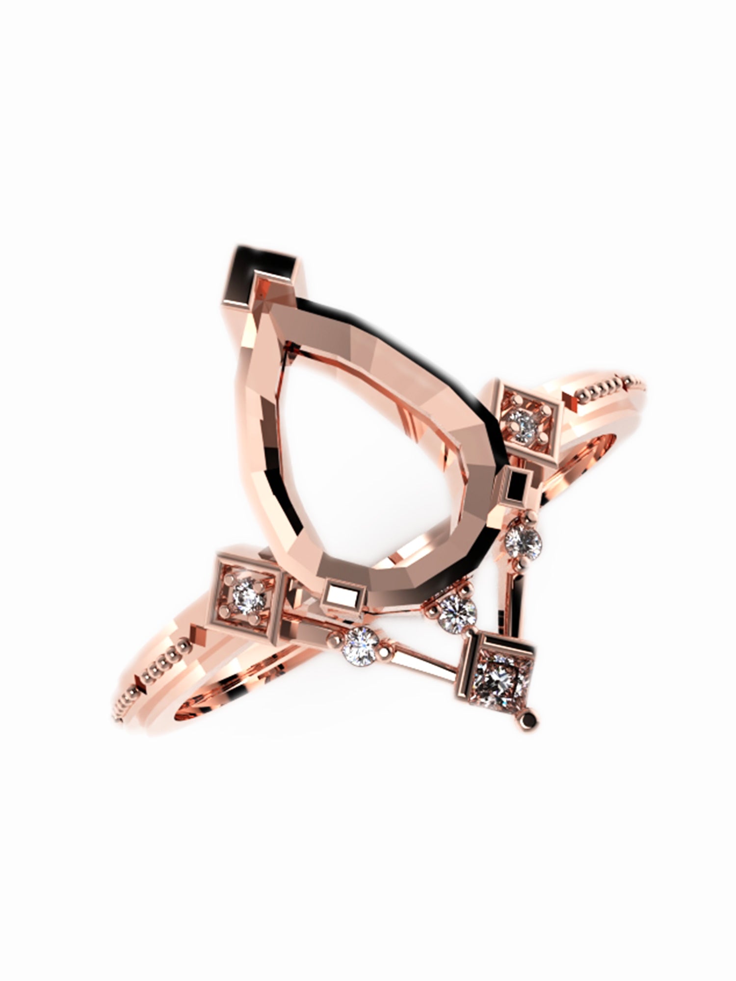 Rose gold ring with diamond accents on a white background