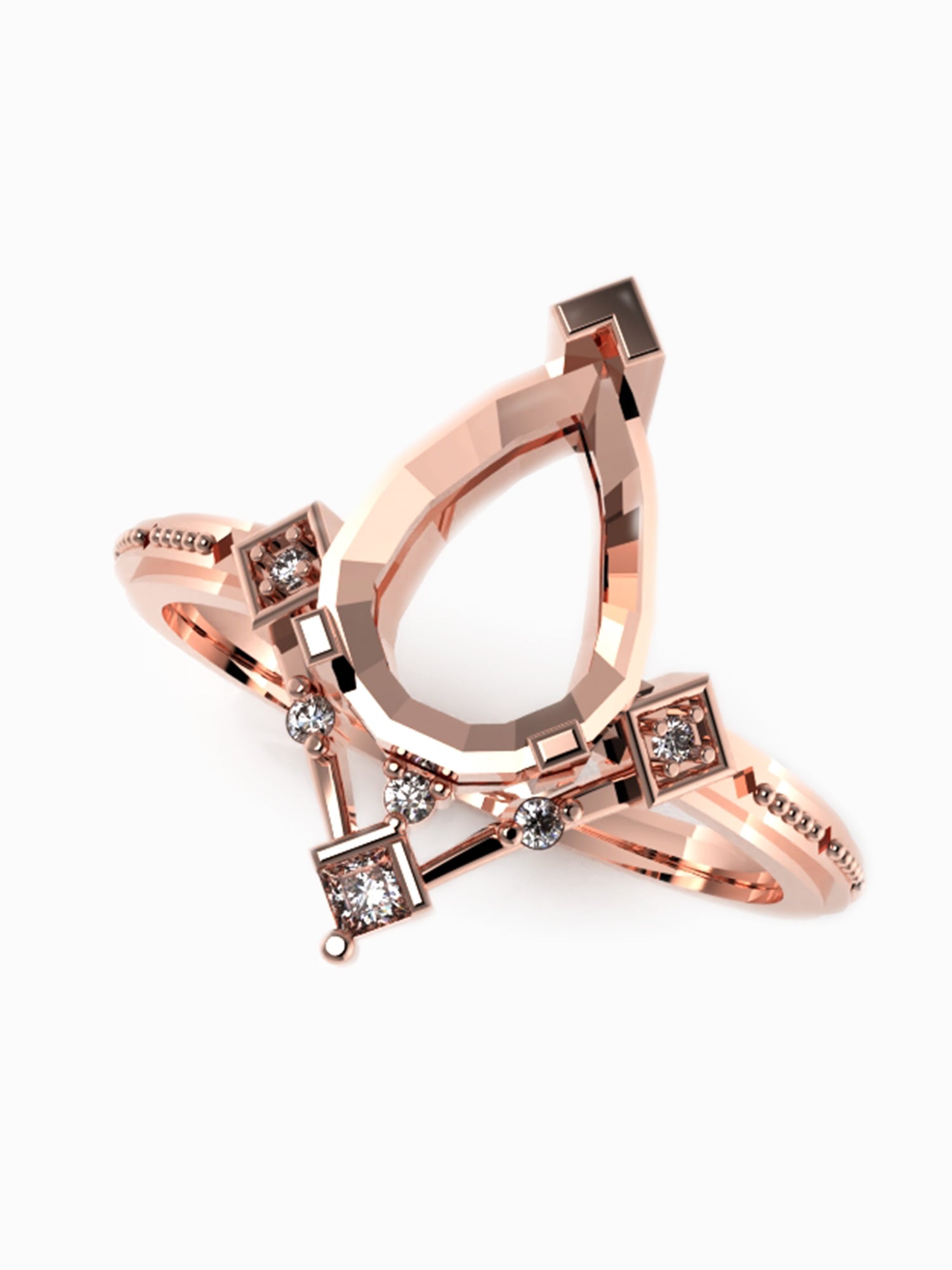 Rose gold ring with diamond accents on a white background