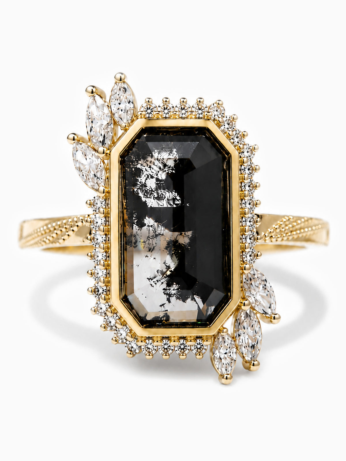 14K Yellow gold salt and pepper diamond engagement ring marquise diamond fine jewelry, proposal ring veiled monuments