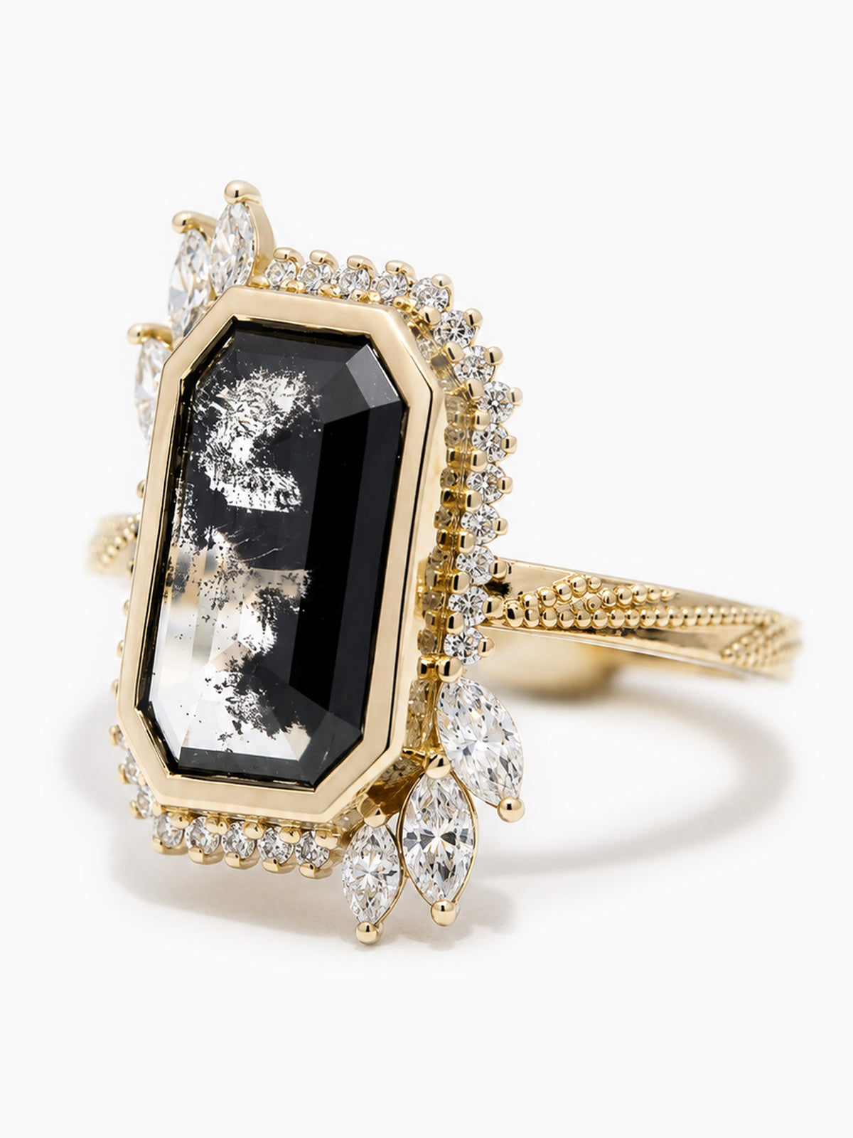 14K Yellow gold salt and pepper emerald wedding ring engagement ring marquise white diamond proposal ring