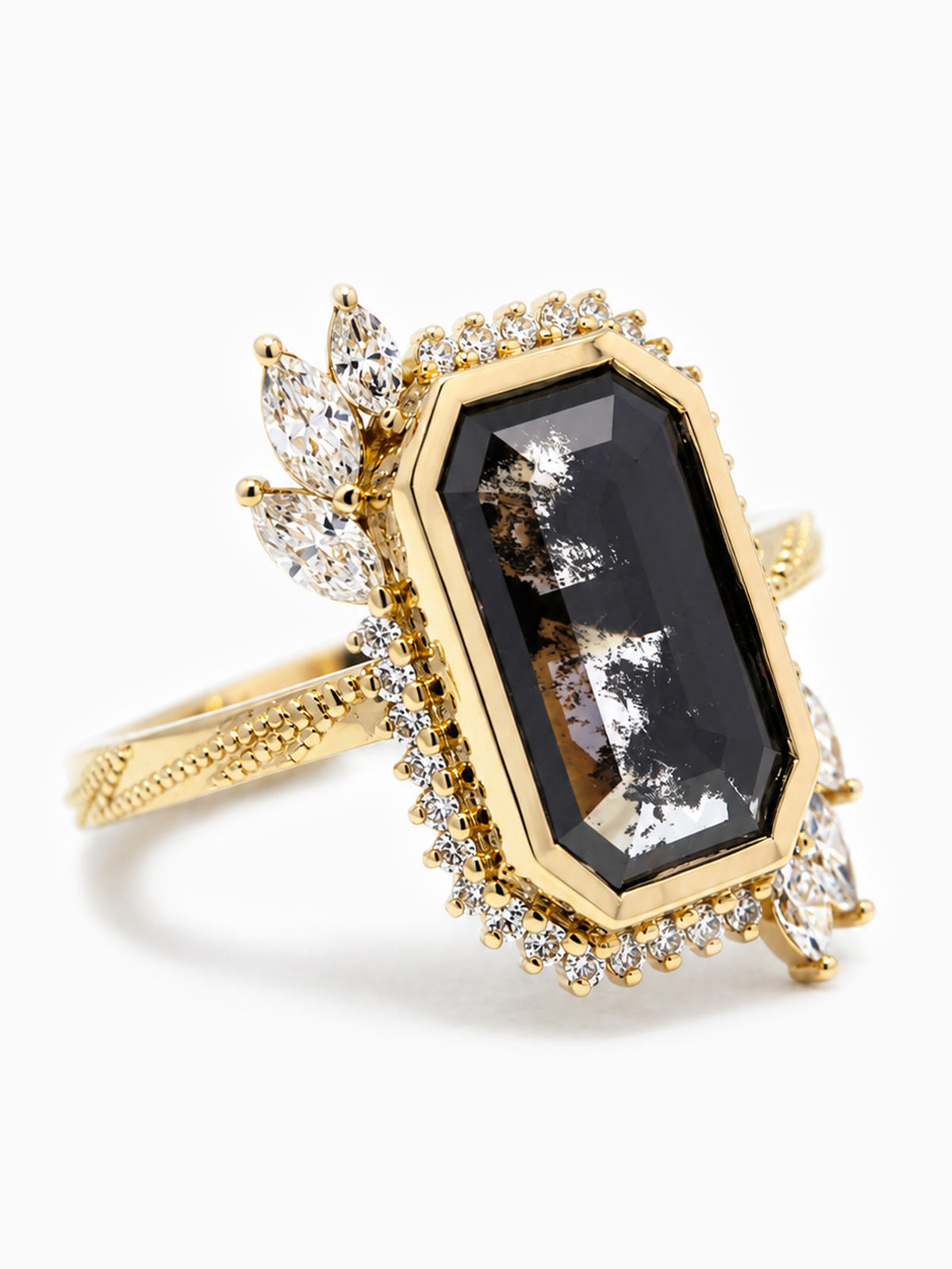 14k yellow gold emerald salt and pepper diamond marquise diamond milgrain daily ring wedding ring proposal fine jewelry