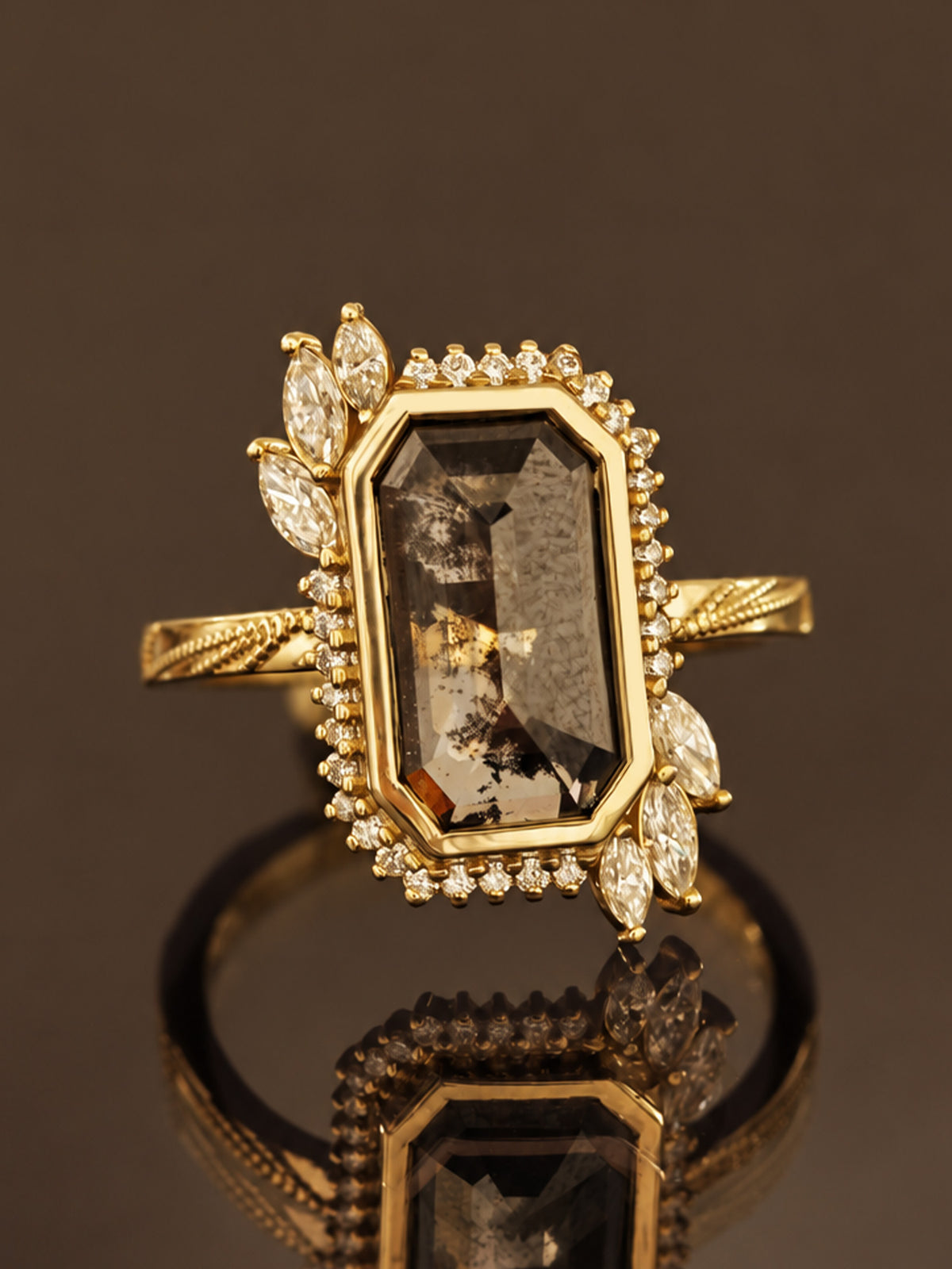 Salt and pepper diamond unique Alternative engagement ring fine jewelry emerald rose cut diamond bridal jewelry