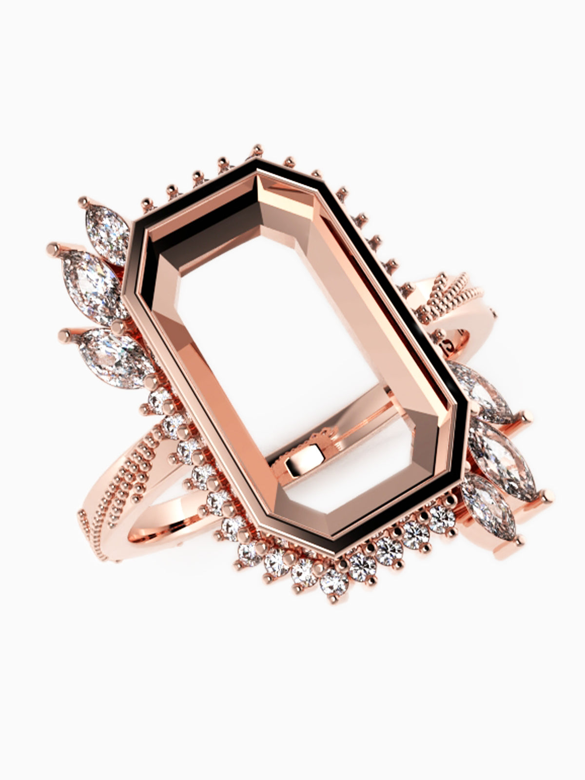 A rose gold statement ring featuring a large, geometric, bezel-set clear gemstone surrounded by a halo of small clear stones and marquise-cut side stones, set against a plain white background.