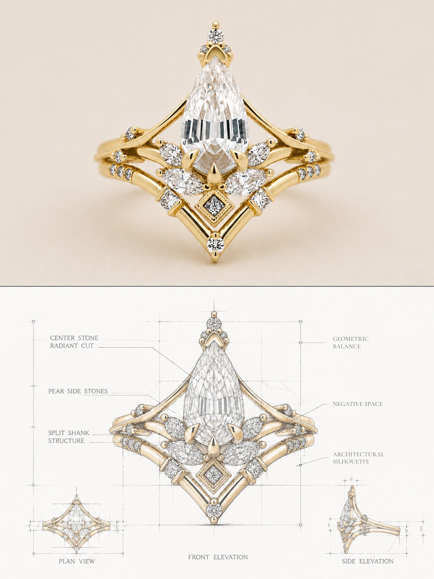 pear diamond architectural drawing fine jewelry concept photo