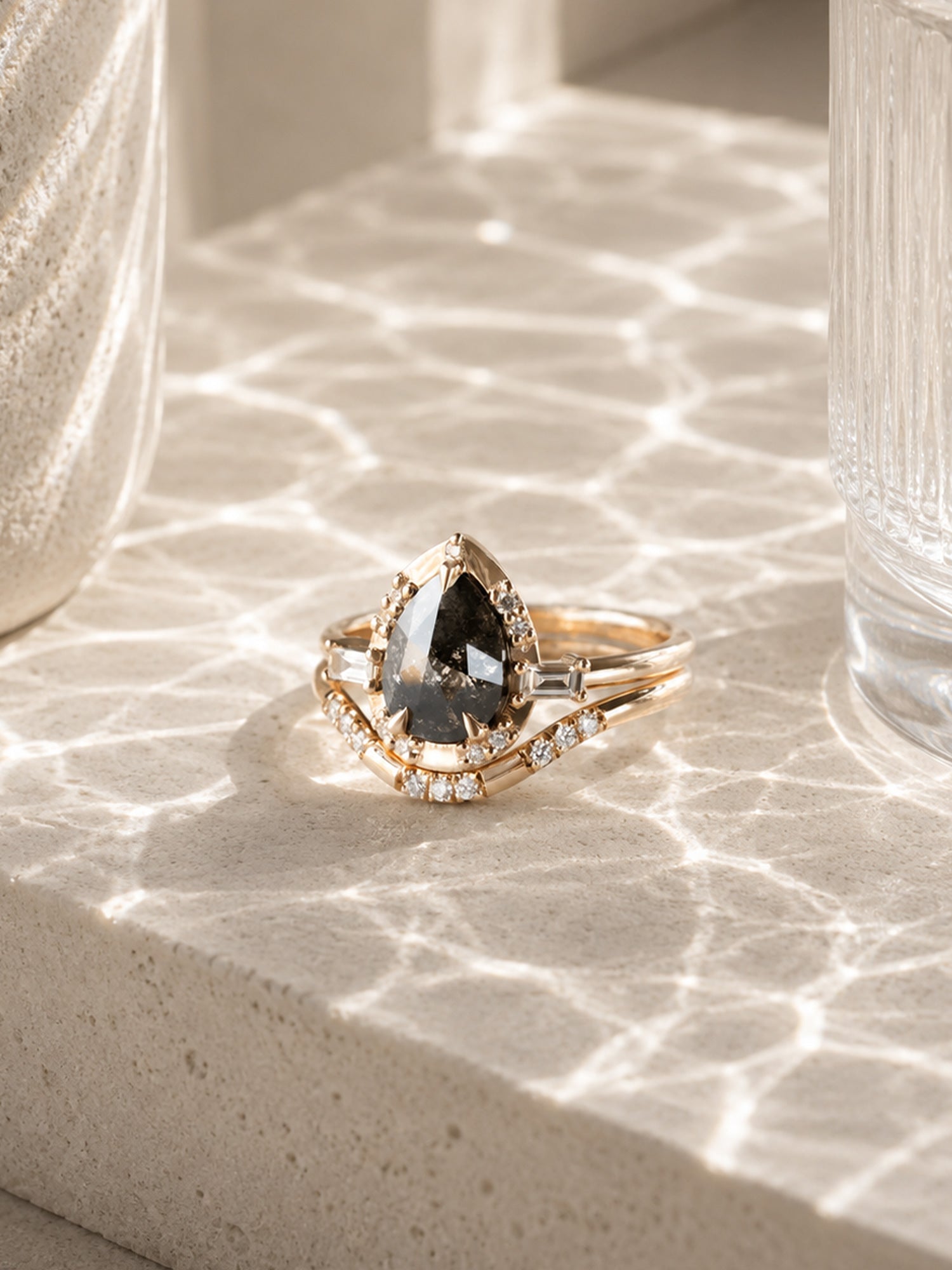 Pear salt and pepper diamond rose cut fine jewelry engagement ring set