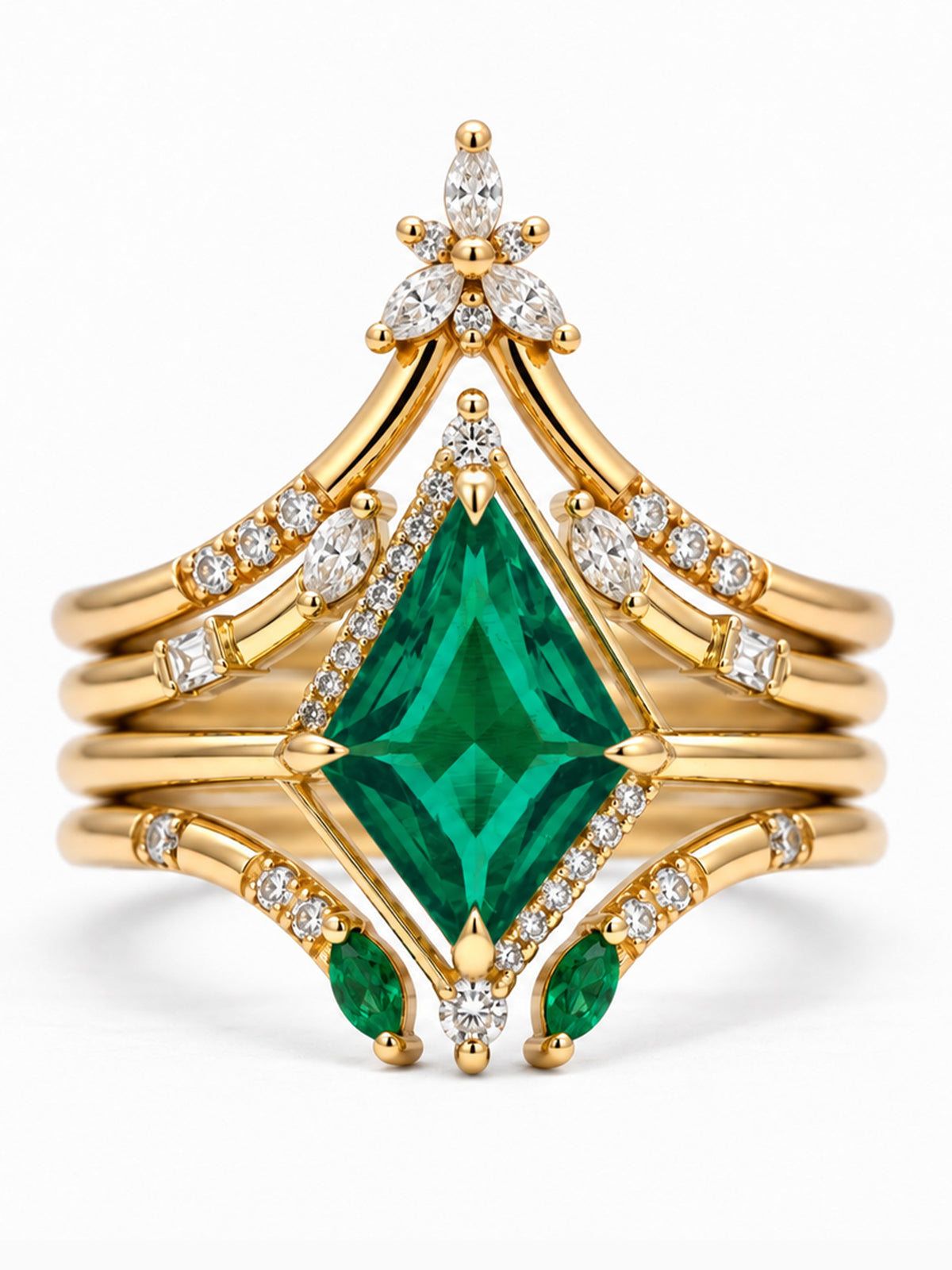 Green Emerald Kite engagement ring fine jewelry diamond wedding ring stacking bands bridal jewelry unique art deco wedding rings