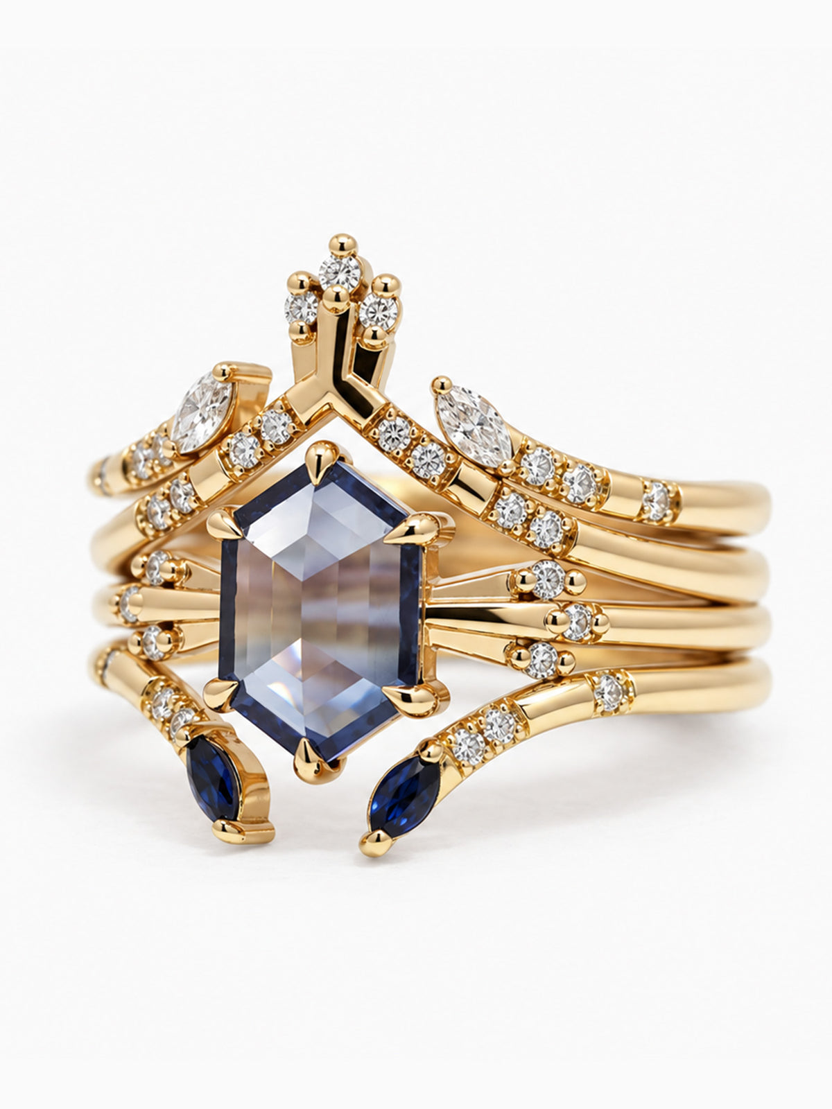 Sapphire hexagon engagement ring diamond wedding stacking rings proposal ring architectural fine jewelry