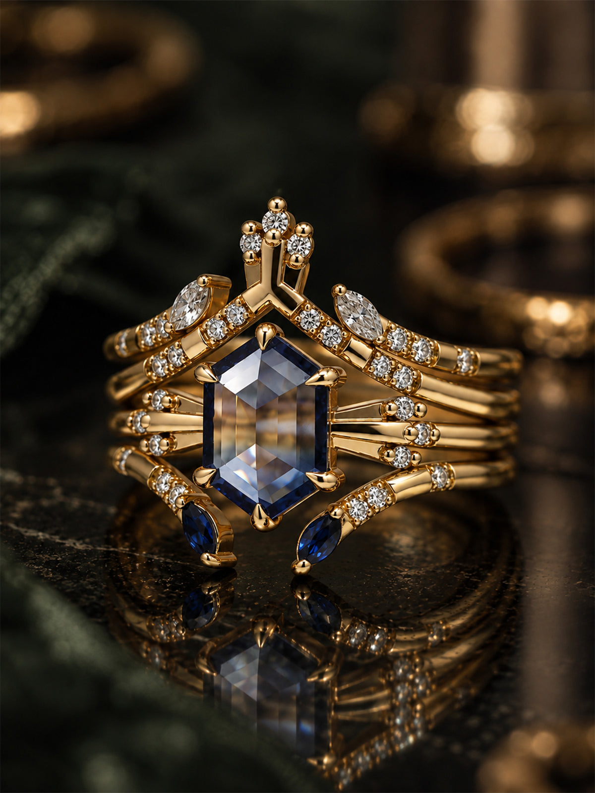 Hexagon sapphire engagement ring stacking rings fine jewelry wedding bands unique art deco rings architectural rings