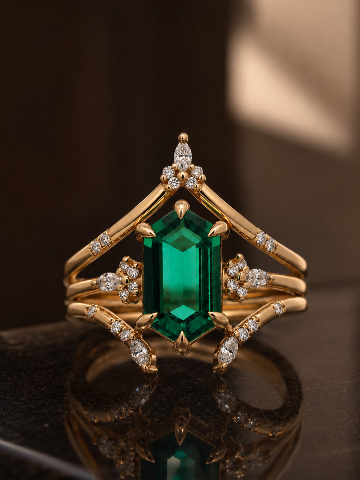 Hexagon step cut emerald engagement ring 14k yellow wedding ring set proposal rings