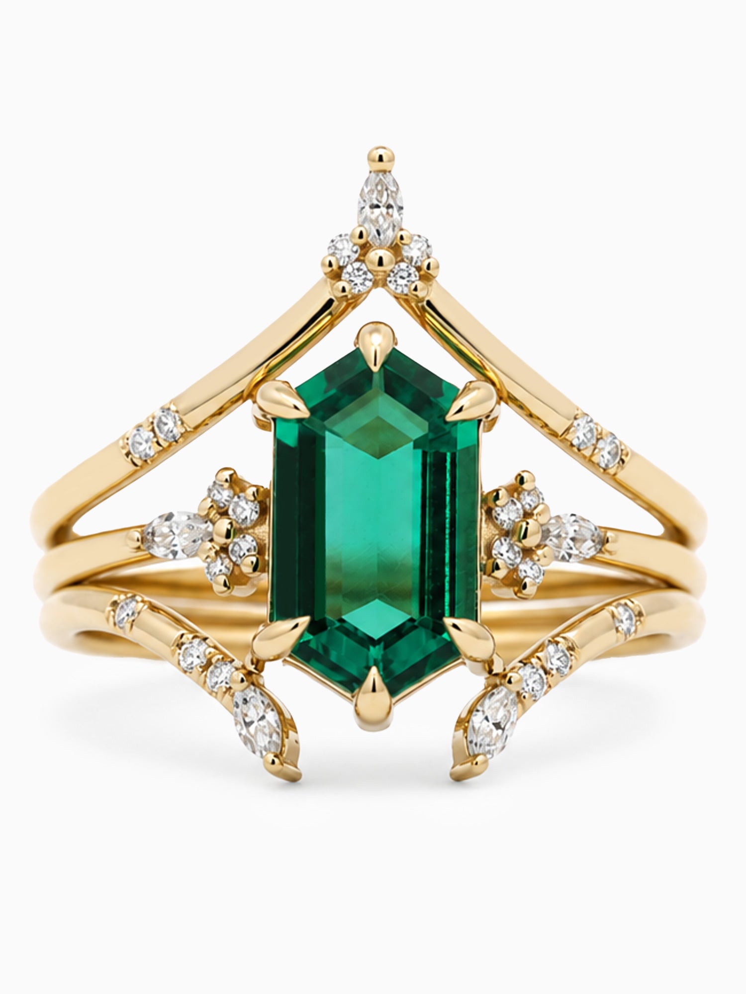 Hexagon Lillie ring set emerald unique architectural fine jewelry engagement ring set
