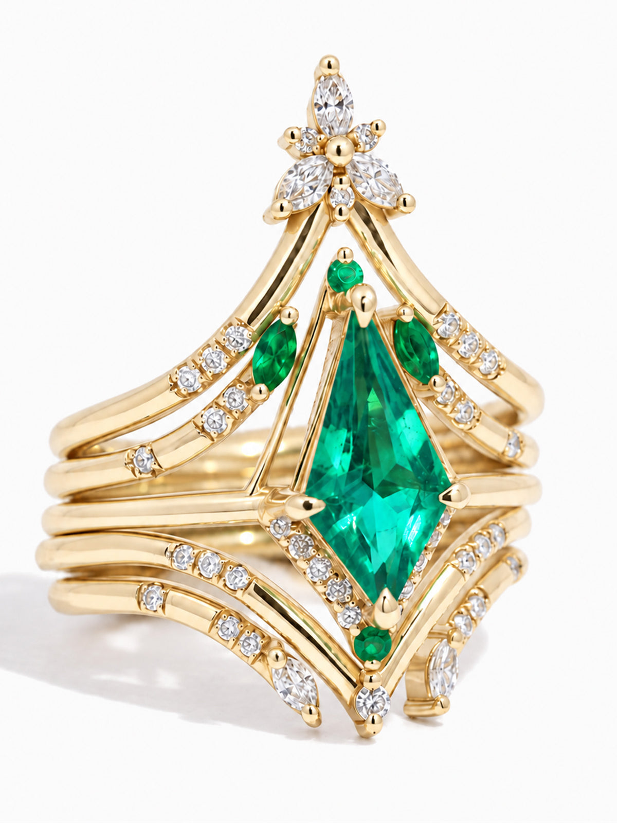 14k Yellow gold kite emerald engagement ring fine jewelry stacking rings wedding bands architectural fine jewelry