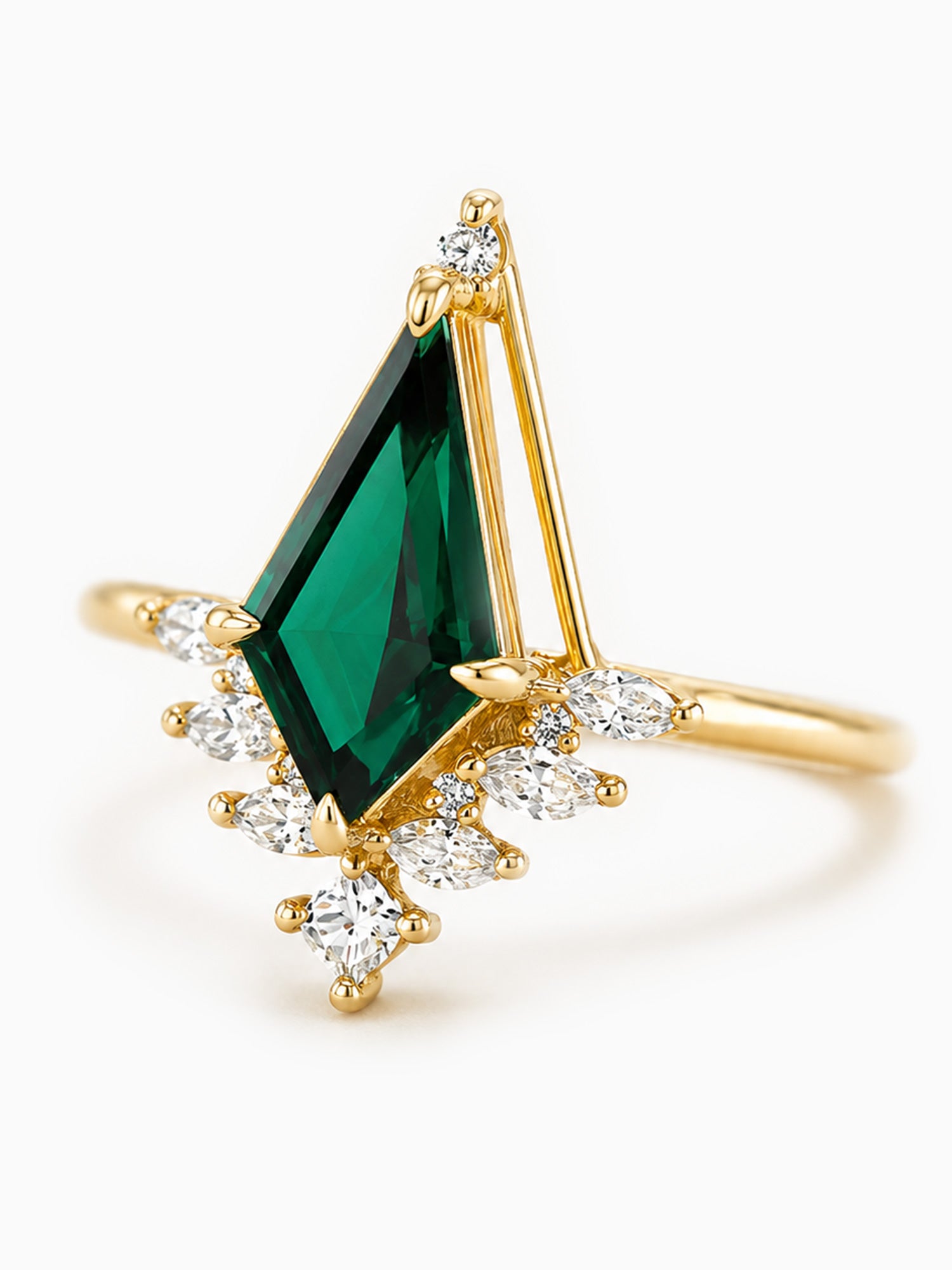 Gold ring with kite emerald center engagement ring diamond wedding ring