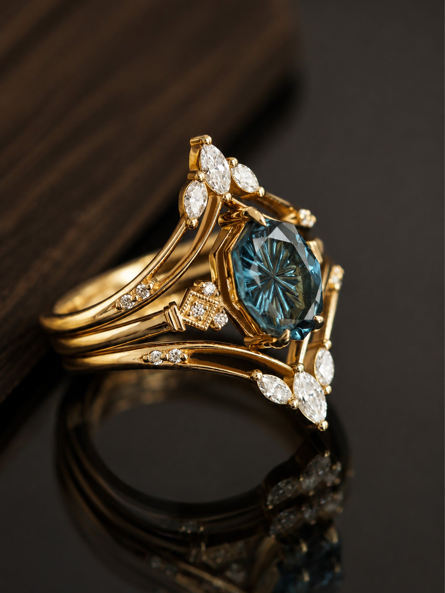 14K Yellow gold fine jewelry topaz ring unique art deco wedding ring