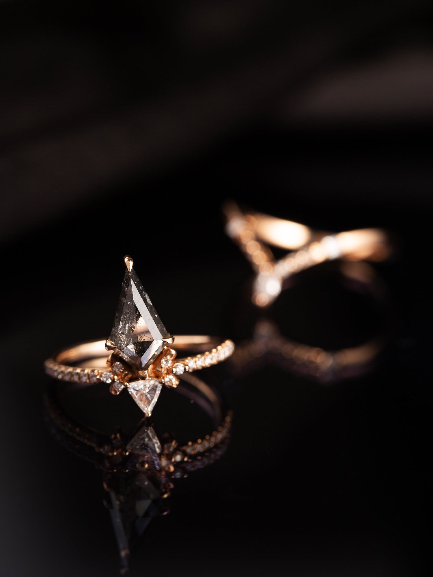 Kite salt and pepper diamond fine jewelry diamond wedding ring trilliant cut diamond proposal fine jewelry 14k rose gold ring