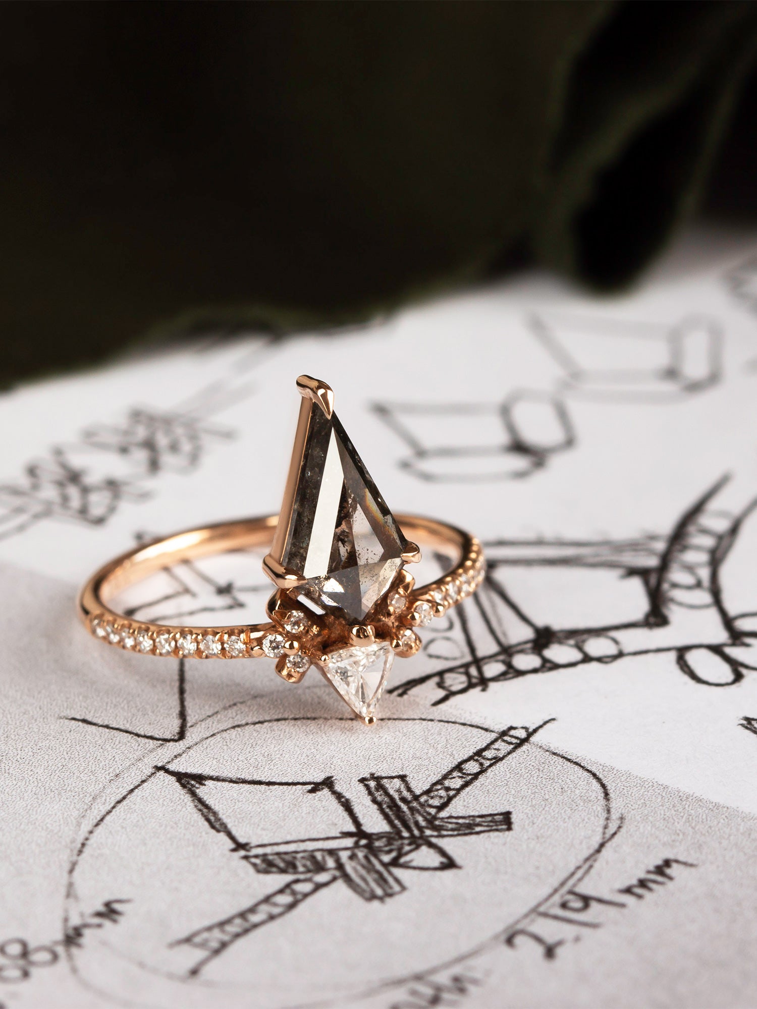 Unique salt and pepper kite diamond engagement ring diamond wedding ring 14k rose gold