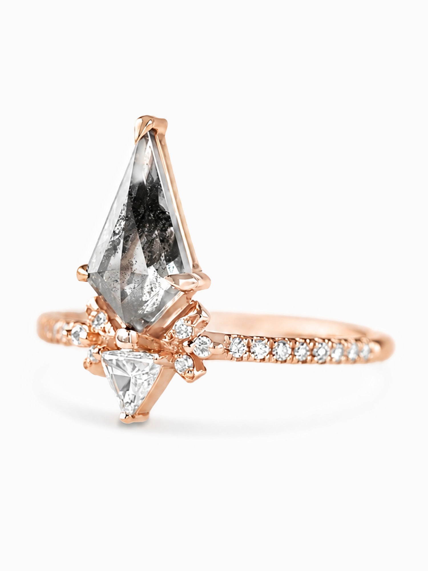 Elongated kite salt and pepper diamond engagement ring diamond unique proposal ring