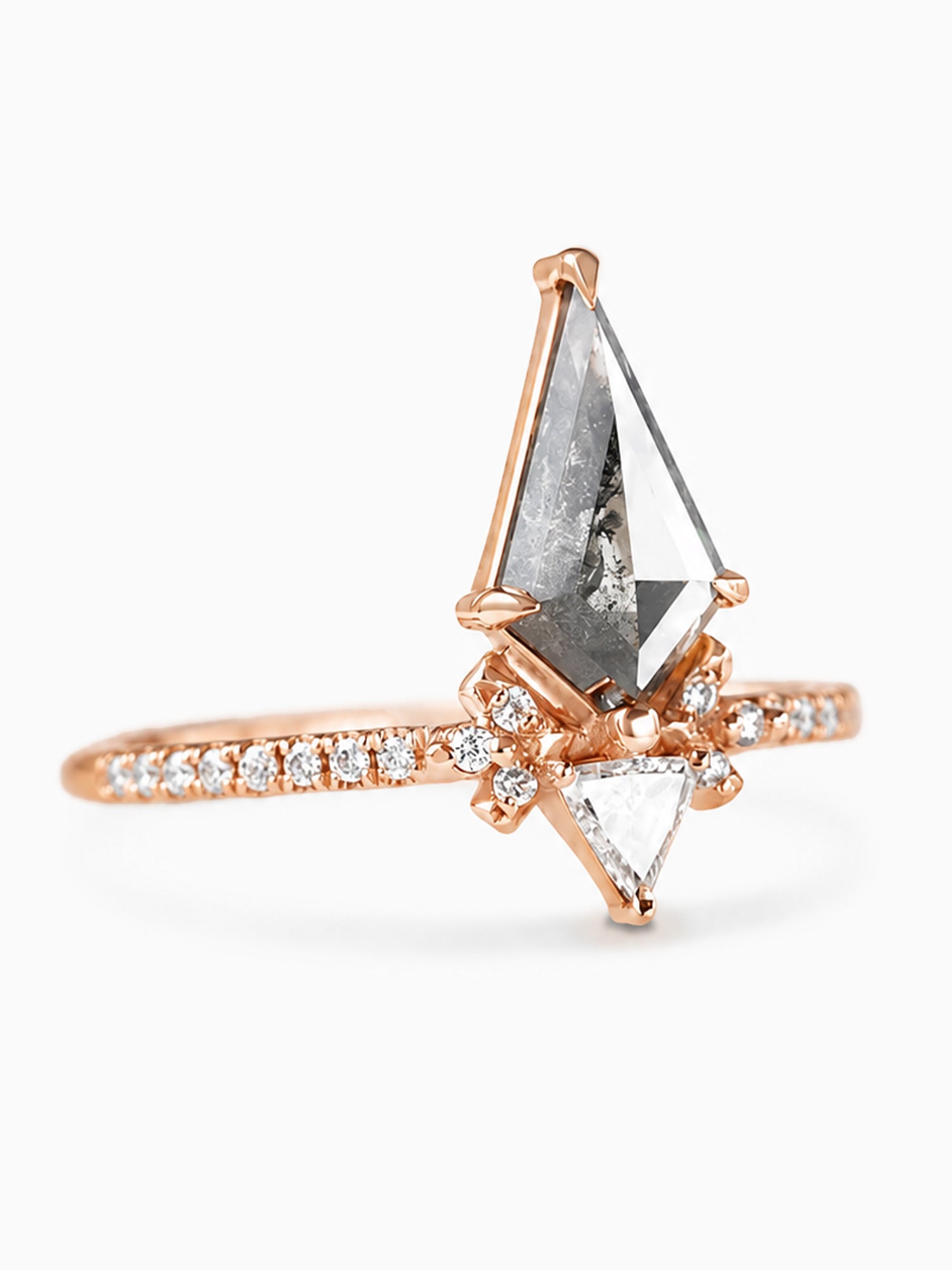 step cut kite salt and pepper diamond engagement ring fine jewelry proposal ring unique architectural fine jewelry