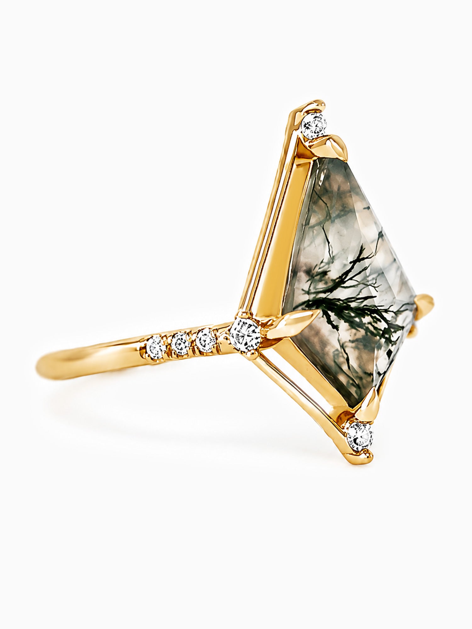 Kite moss agate engagement ring unique architectural design modern art deco fine jewelry