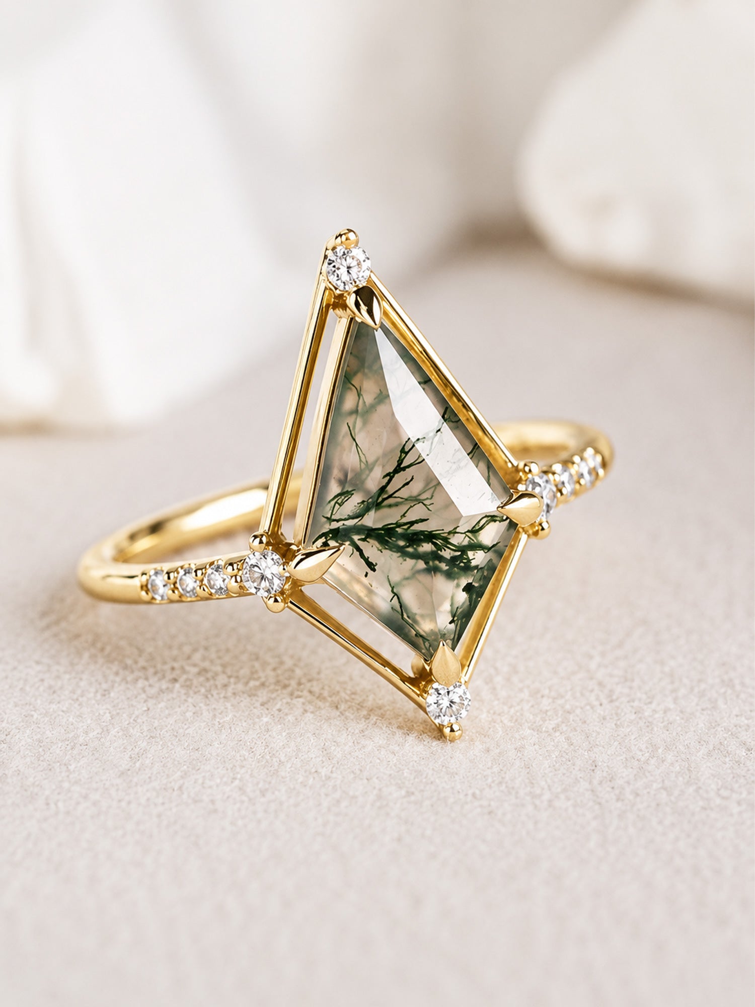 14K Yellow Gold moss agate engagement ring diamond wedding band fine jewelry unique ring