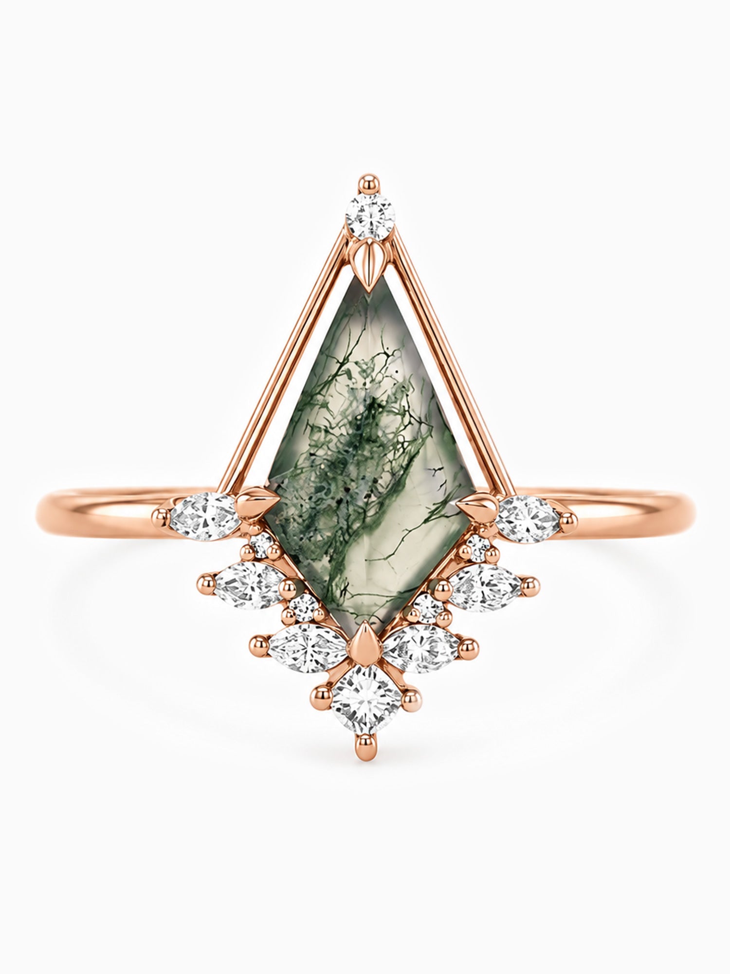 Moss Agate Kite engagement ring Luna ring Diamond fine jewelry wedding ring 14K Rose Gold