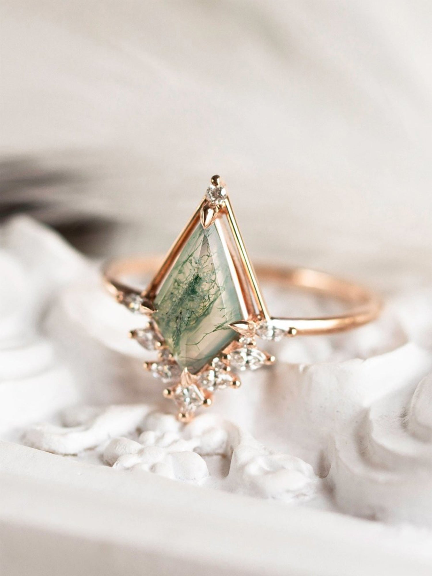 Kite Moss agate engagement ring Diamond wedding ring 14K Rose Gold unique modern architectural ring