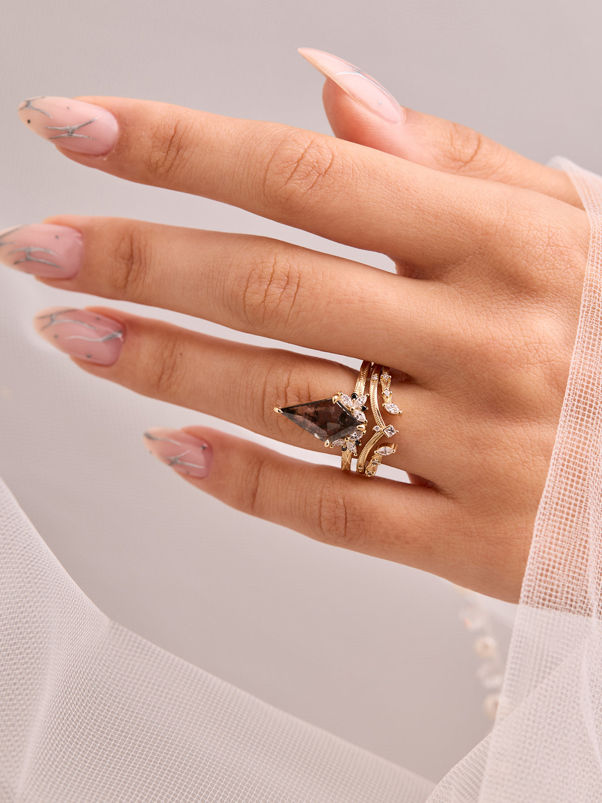 one of a kind kite salt and pepper diamond engagement ring 14k yellow gold stacking rings fine jewelry wedding bands layered rings