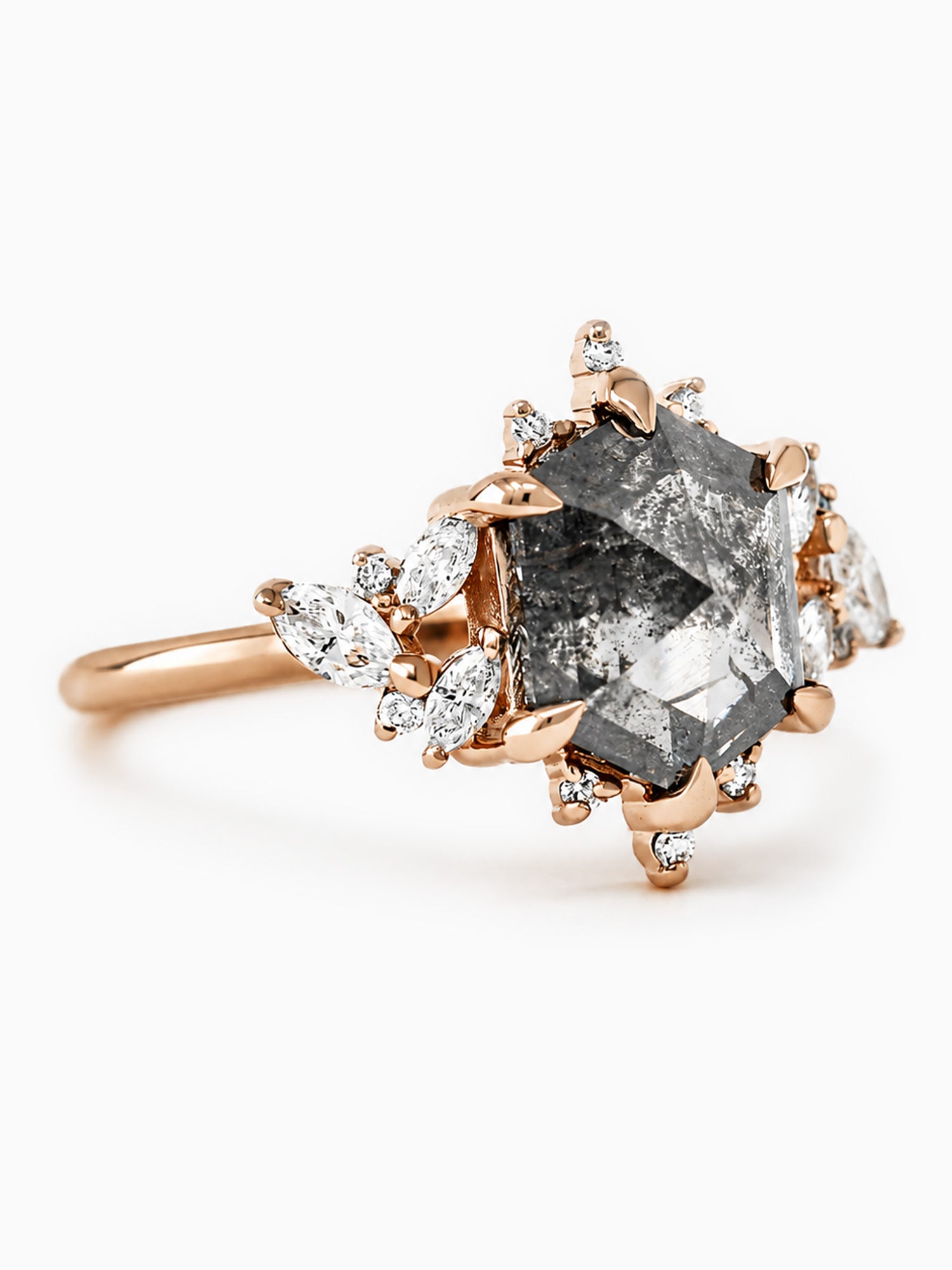 Hexagon salt and pepper diamond diamond wedding ring 14k rose gold fine jewelry
