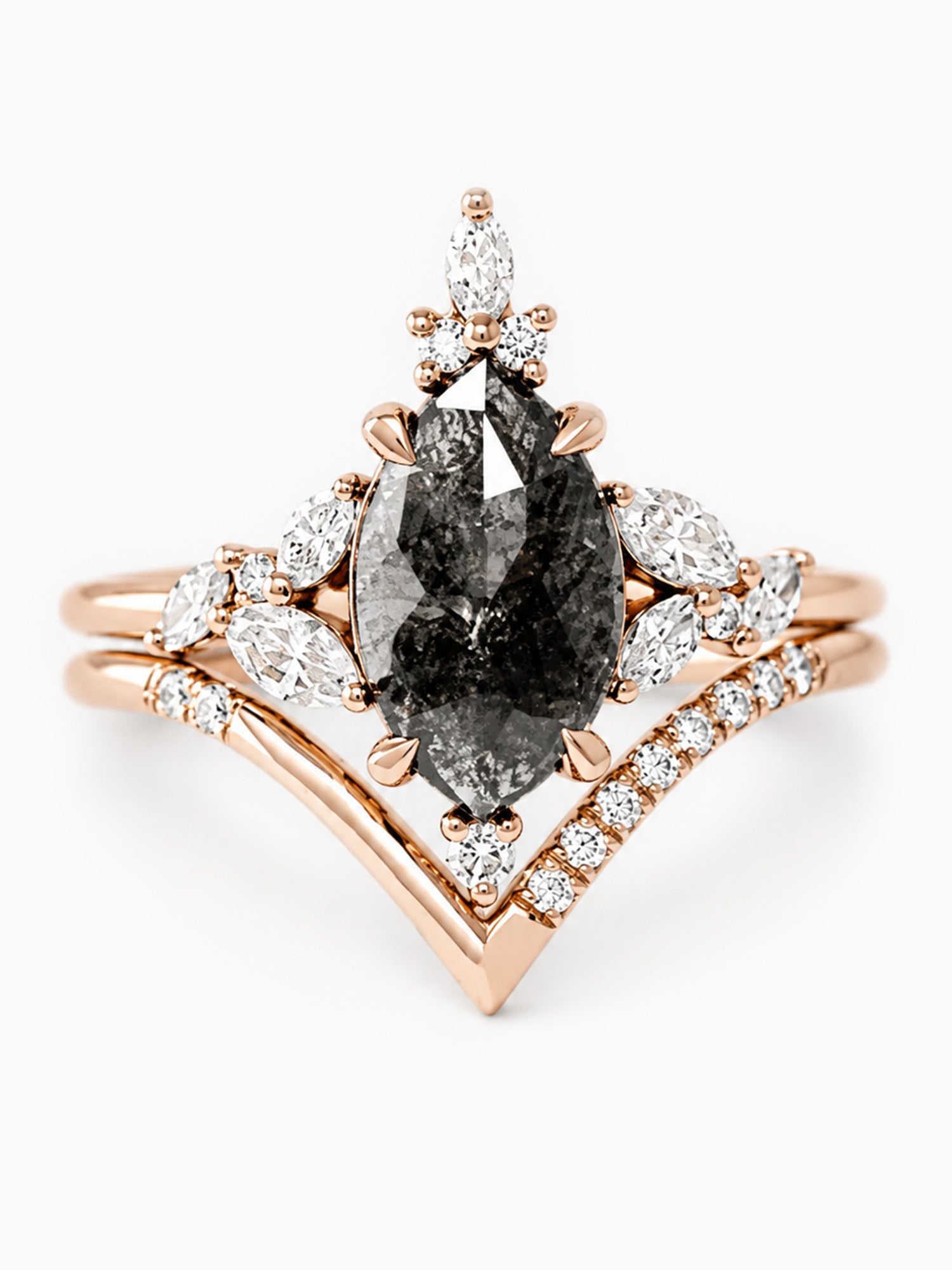 Rose cut fine jewelry salt and pepper diamond engagement ring set diamond wedding ring