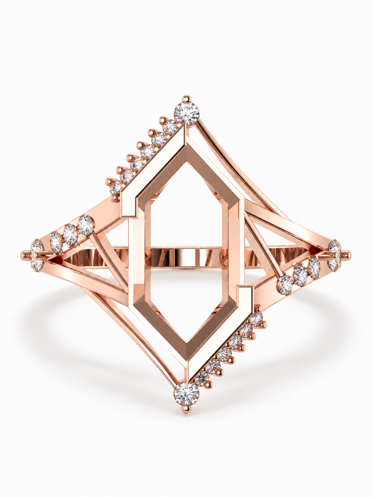 A rose gold geometric ring with an openwork diamond-shaped design, accented by small clear pavé stones along the edges and a round center stone, shown on a white background.