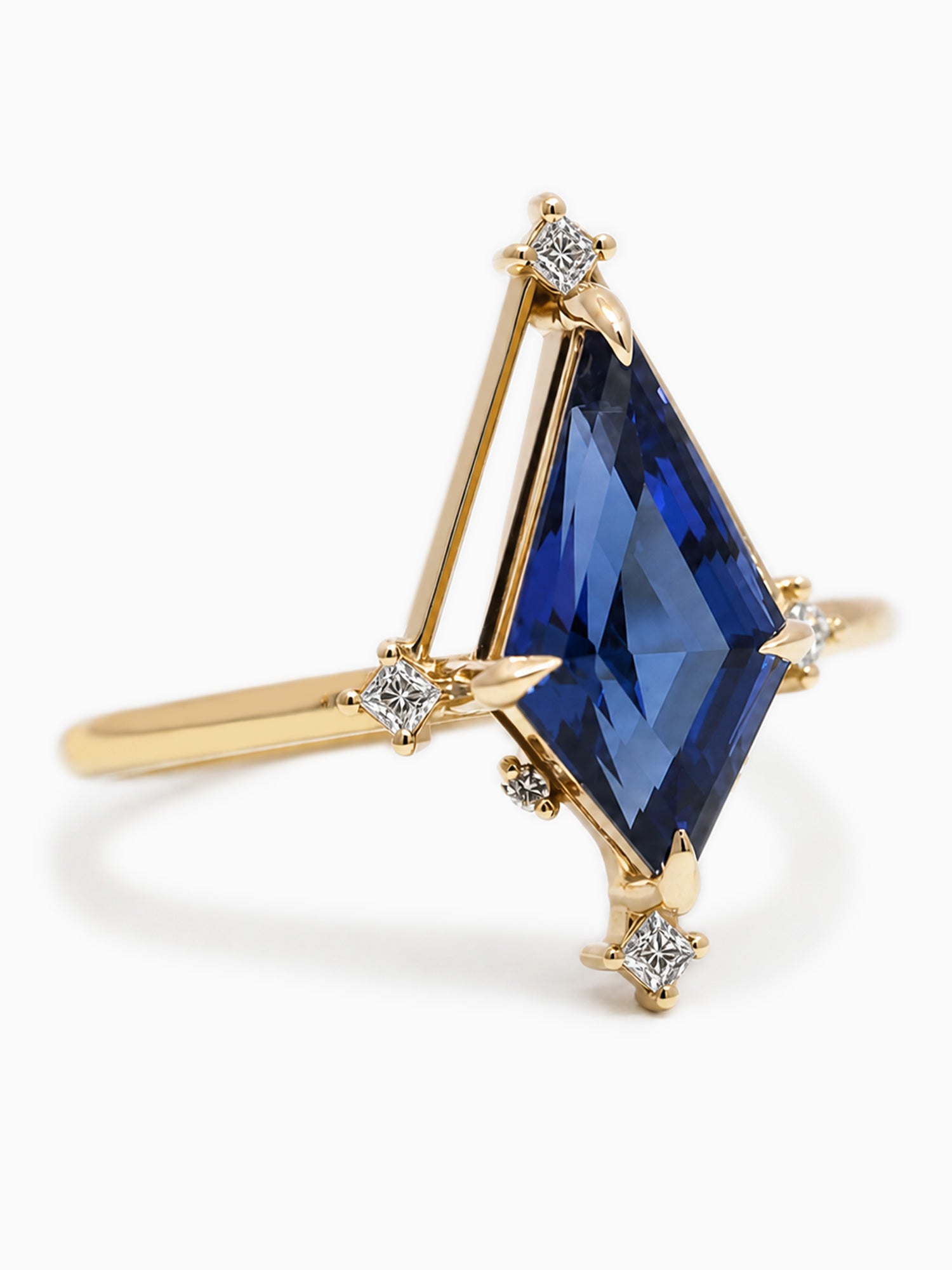 Kite blue sapphire wedding ring diamond engagement ring 14k yellow gold alternative ring proposal ring