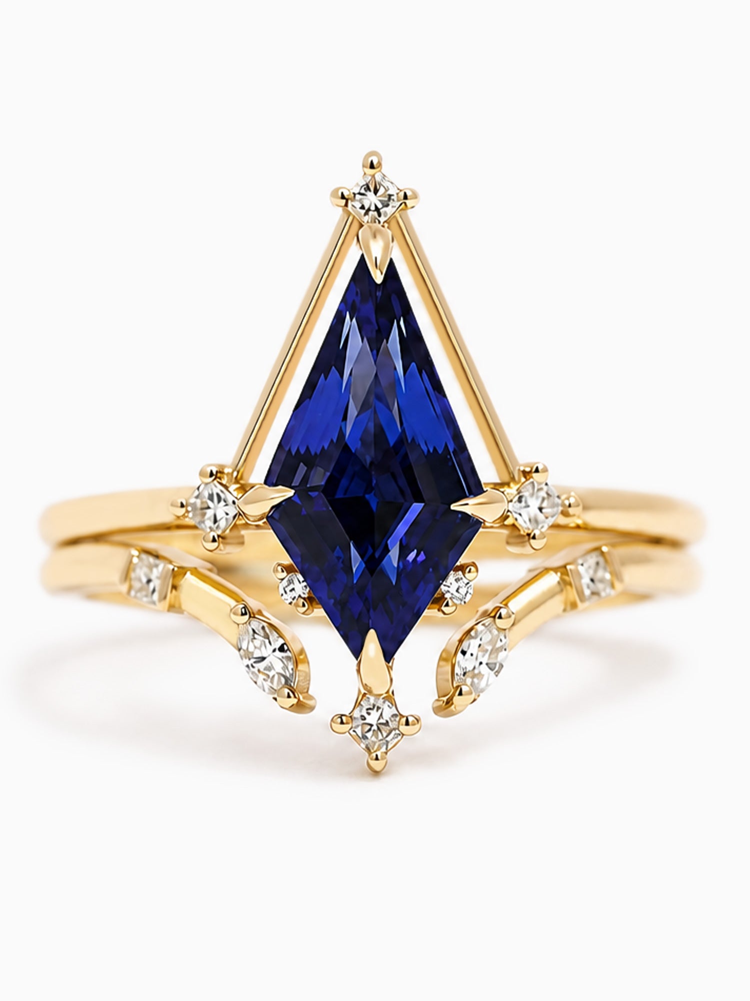 Blue sapphire polaris ring set diamond wedding ring engagement ring fine jewelry art deco proposal ring set