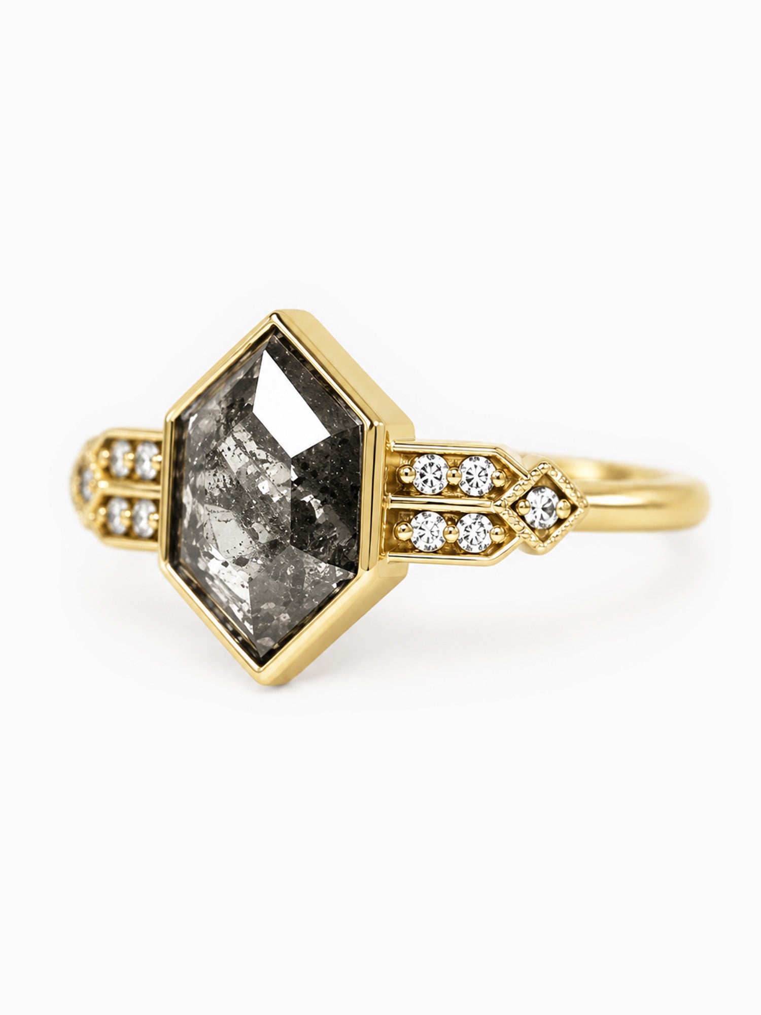 Hexagon rose cut fine jewelry salt and pepper diamond engagement ring 14k yellow gold