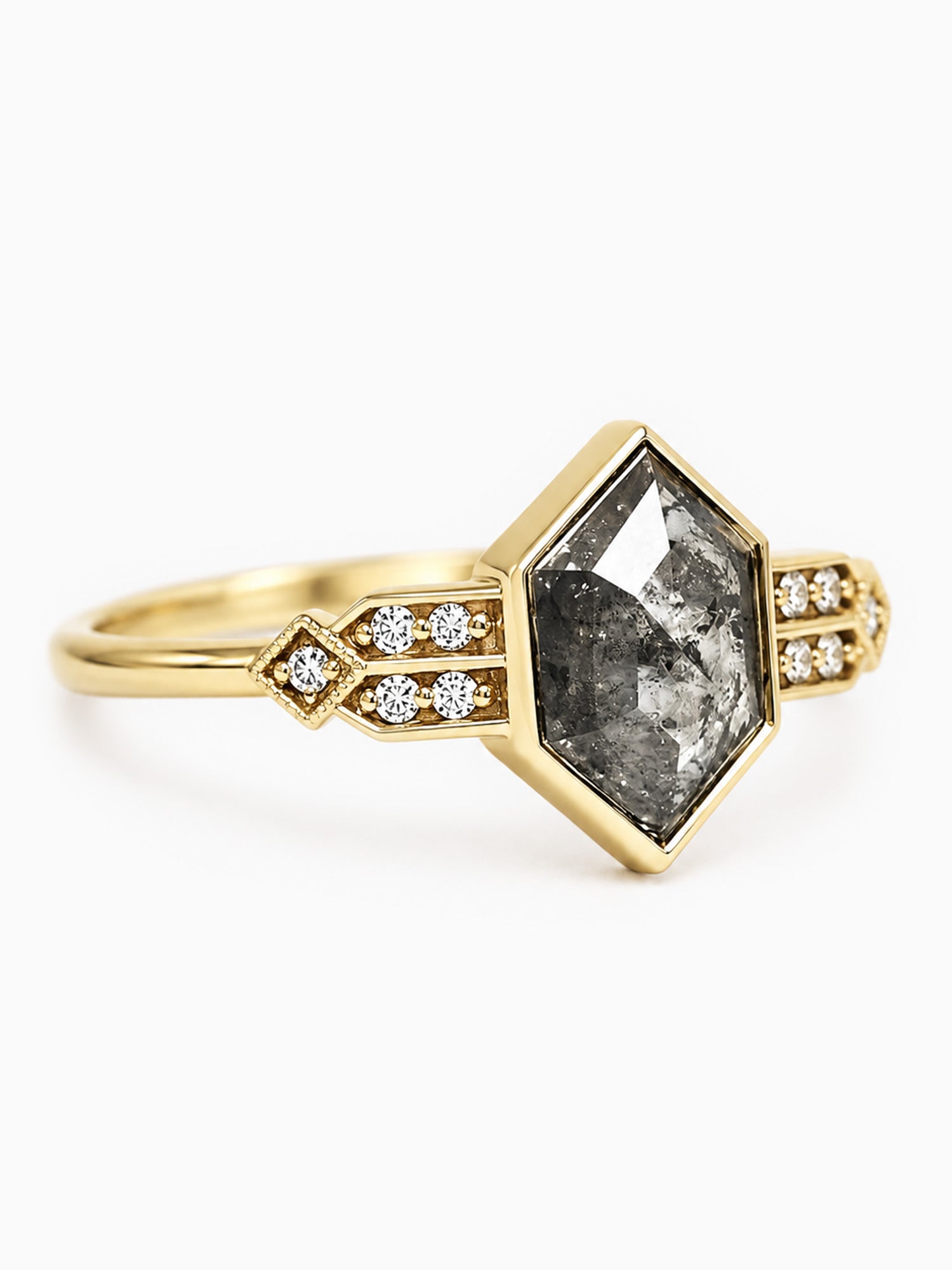 Hexagon salt and pepper diamond rose cut 14k yellow gold diamond wedding ring milgrain