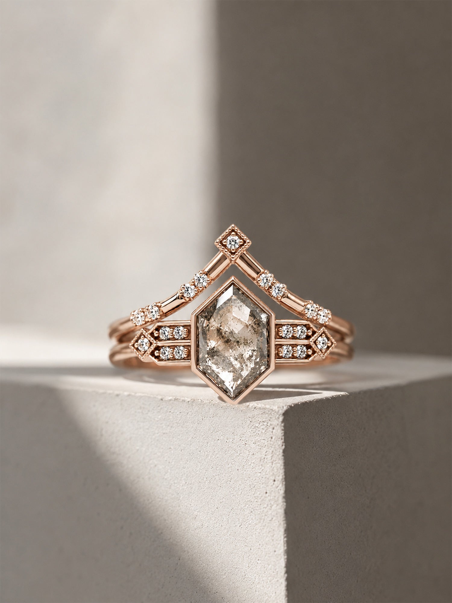 minimal architectural fine jewelry engagement ring art deco hexagon salt and pepper diamond rings